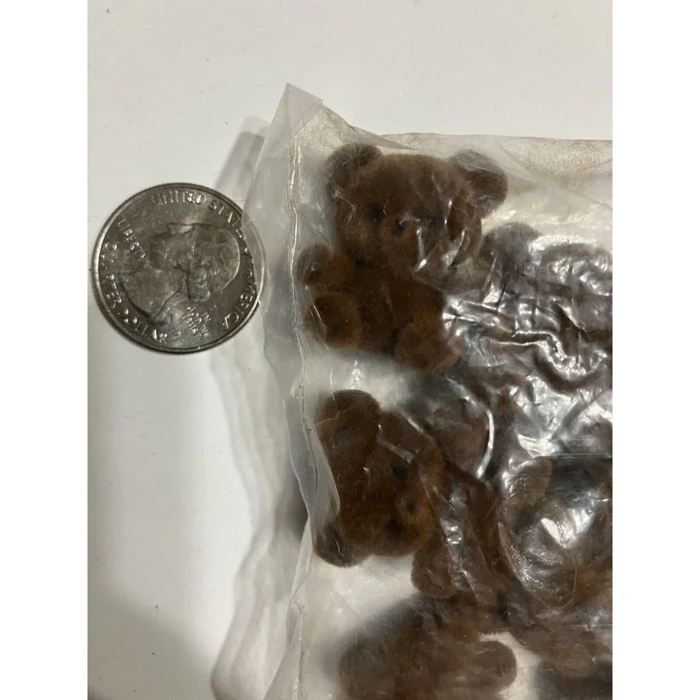 Vintage Set of 12 Tiny Brown Teddy Bears Flocked Plastic